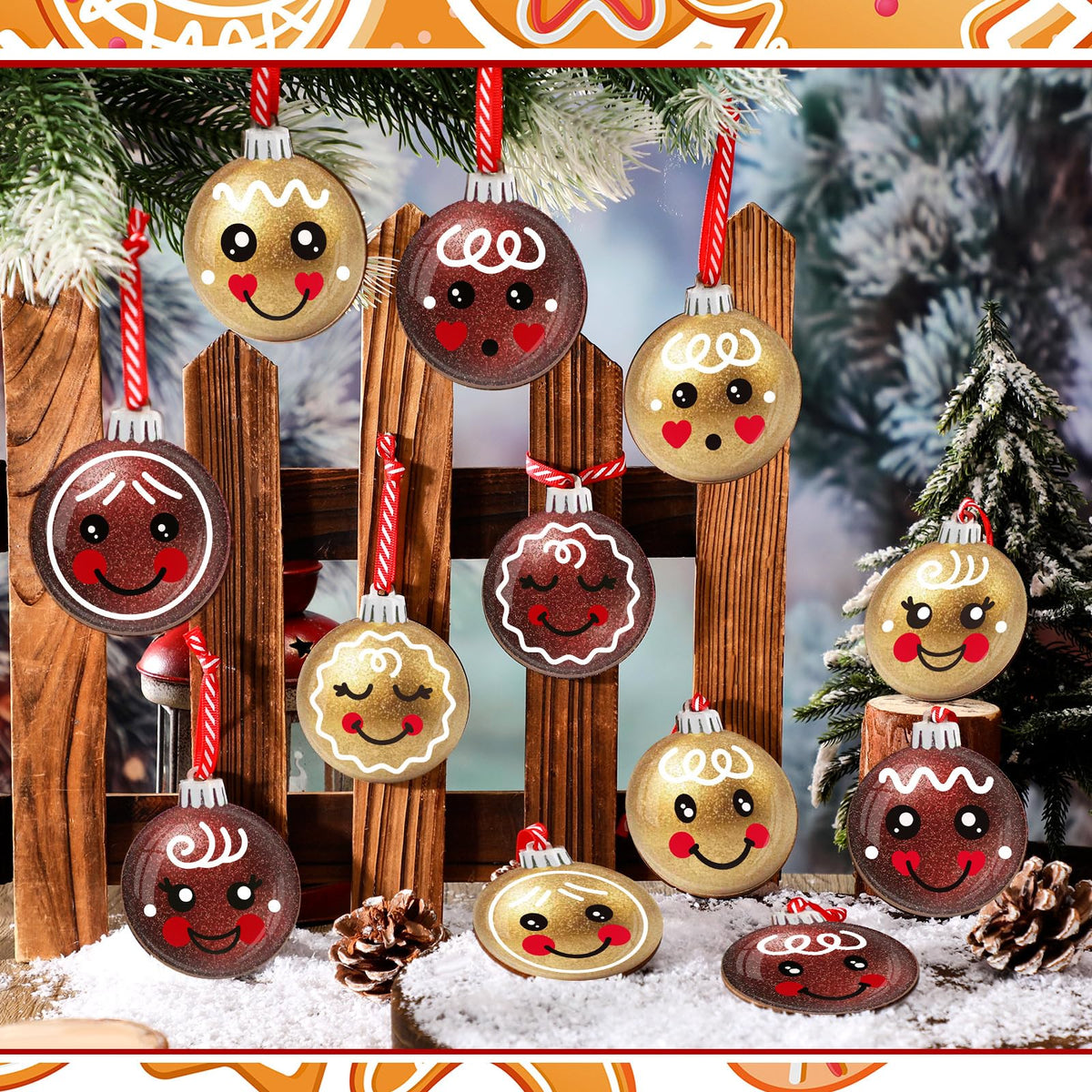 Wonderjune 36 Pcs Christmas Gingerbread Face Ornaments Wooden Gingerbread Tree Decoration Glitter Red Gold Christmas Hanging Ornaments Smile Wood Hanging Pendants for Xmas Tree Party Holiday Decor