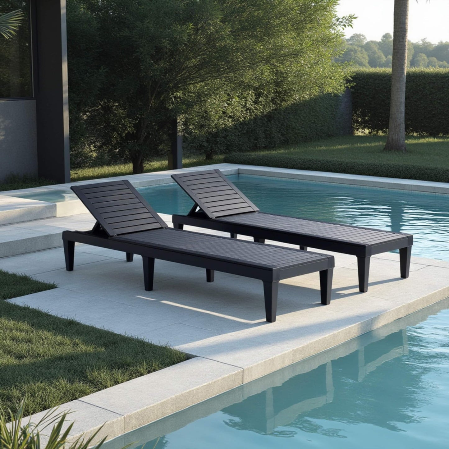 Nestl Patio Chairs - Black Chaise Lounge Chair Outdoor, 5-Position Adjustable Sun Tanning Chair, Waterproof Pool Lounge Chairs Set of 2, Reclining Lawn Chair, Lightweight Outdoor Lounge Chairs