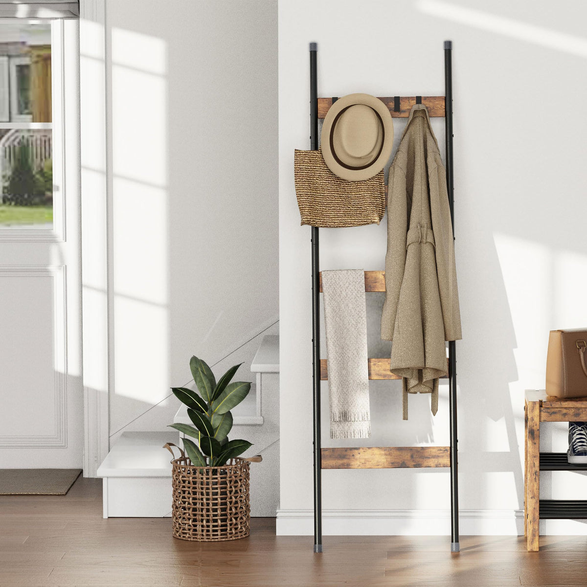 Blanket Ladder, 5-Tier Towel Holder with 4 Removable Hooks, Farmhouse Wall Leaning Decorative Rack Shelf, Wooden Towel Display Rack, Quilt Ladder for Living Room, Bedroom, Rustic Brown