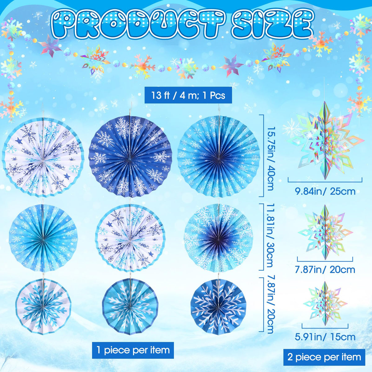 Outus 16 Pcs Snowflake Hanging Decorations Winter Paper Fans Blue Winter Paper Garland 3D Holographic Snowflakes for Xmas Wonderland Birthday Party Ceiling Wall Supplies Decoration