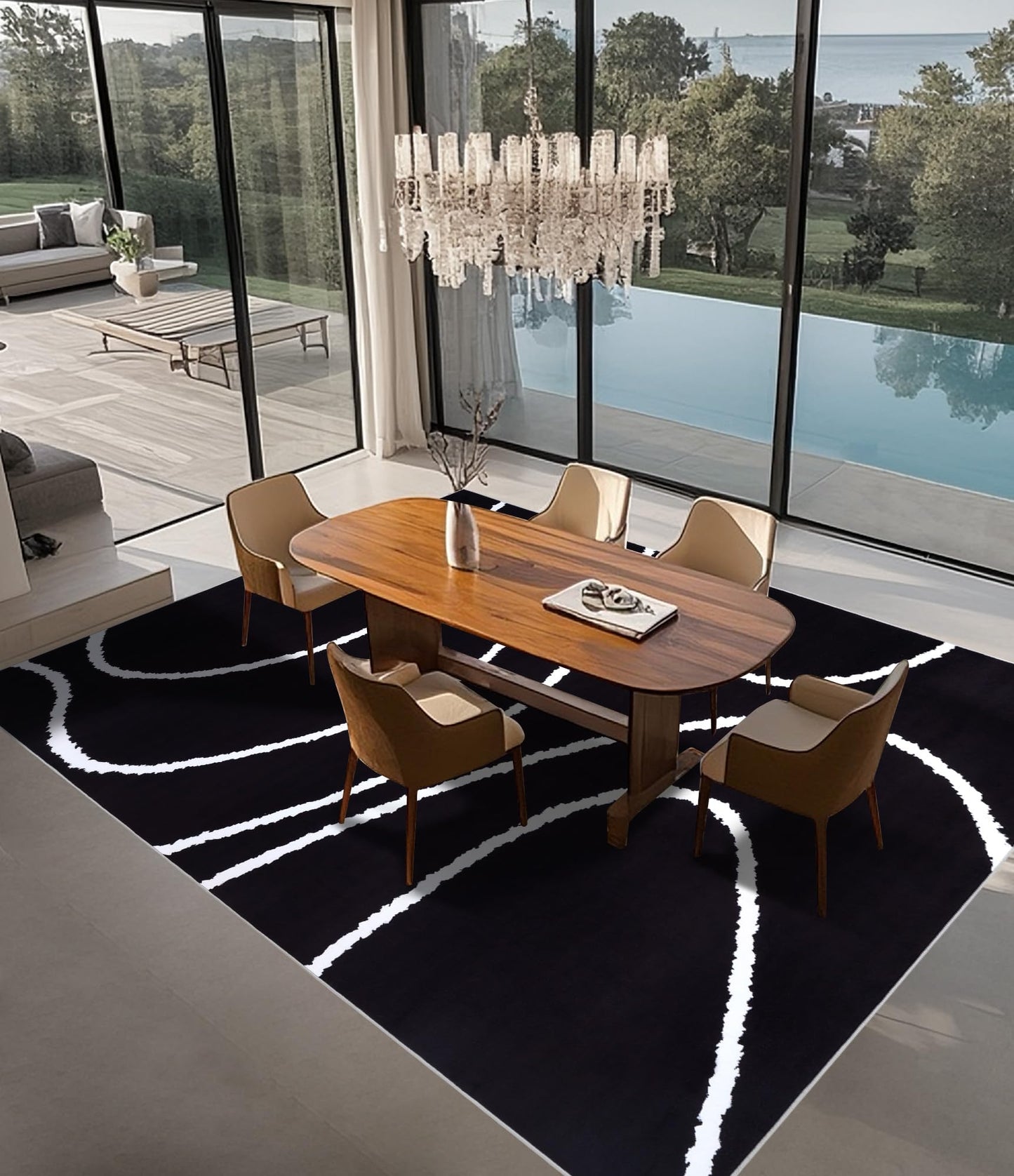YIHOUSE Black Modern Area Rugs 9x12,Large Black and White Rugs for Living Room,Wave Washable Rug 9x12,Thin Abstract Geometric Rug,Minimalist Striped Rugs for Bedroom,Office