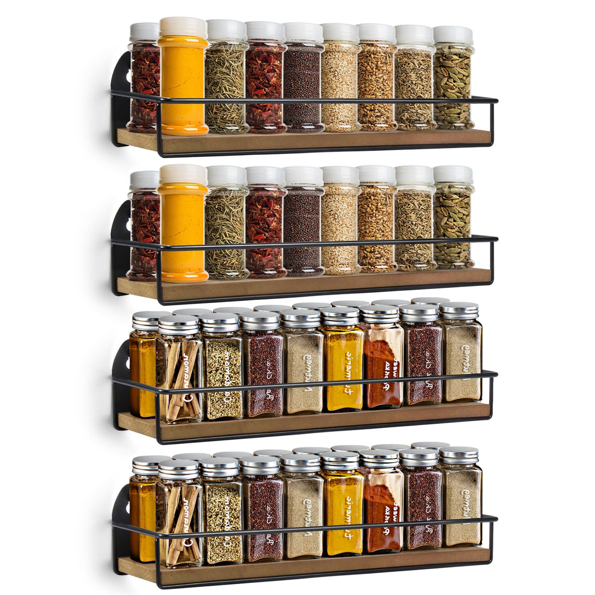TJ.MOREE 4 Pack Spice Rack Wall Mounted Rustic Style Hanging Spice Organizer for Wall, Kitchen Spice Storage, Black