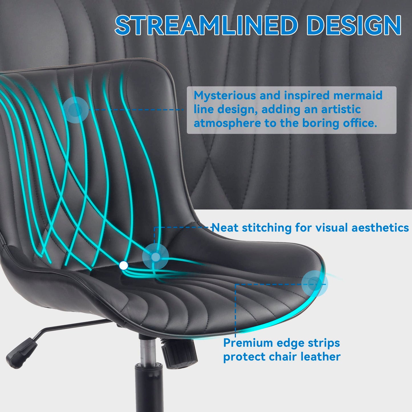 YOUNIKE Office Chair, Armless Desk Chair with Wheels, Home Office Computer Task Chairs, Modern Faux Leather Padded Vanity Chair, Adjustable Swivel Rocking Chair with Back, Black