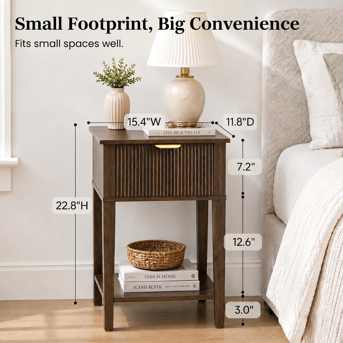 RIHHA Modern Fluted Small Wood Nightstand, 11.8" Deep x 15.4" Narrow Bedside Table with Drawer & Open Shelf, Mid-Century Rustic Accent End Table for Bedroom & Sofa - Walnut