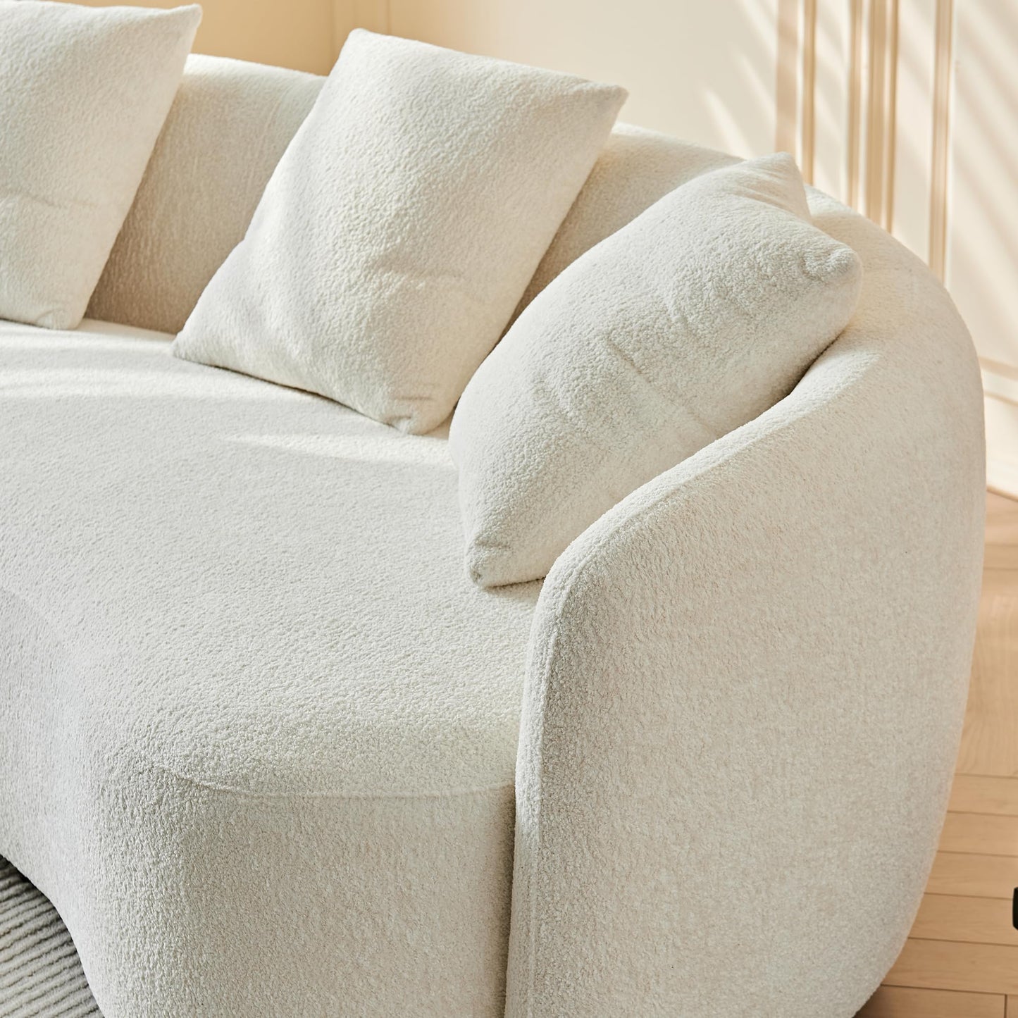BBTJ0INT Half Moon Sofa, Curved Design Off-White Boucle Upholstered Couch for Modern Living Room, Comfy Chaise Sofa with 2 Throw Pillows