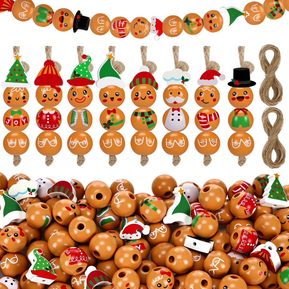 Geelin 300 Pcs Christmas Wood Beads with Twine - Santa Gingerbread Snowman Winter Animals Wooden Round Bead for Hanging Ornaments DIY Crafts Garland Holiday Tree Decor(Gingerbread Man)