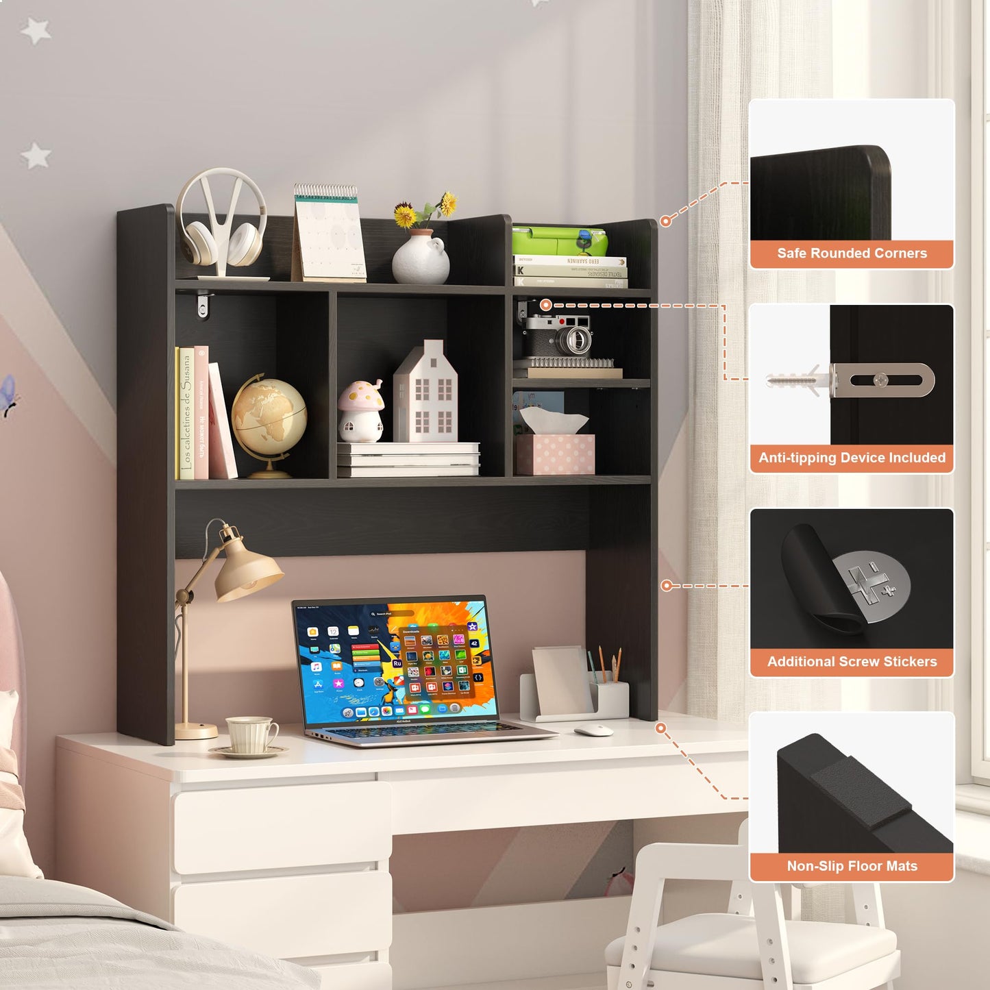 FUNHUKSON Desk Hutch with 6 Shelves, Desktop Bookshelf Organizer & Hutch Top for Desk, Over Desk Storage Shelf for Office, Home, Dorm | Space-Saving Design (Black)