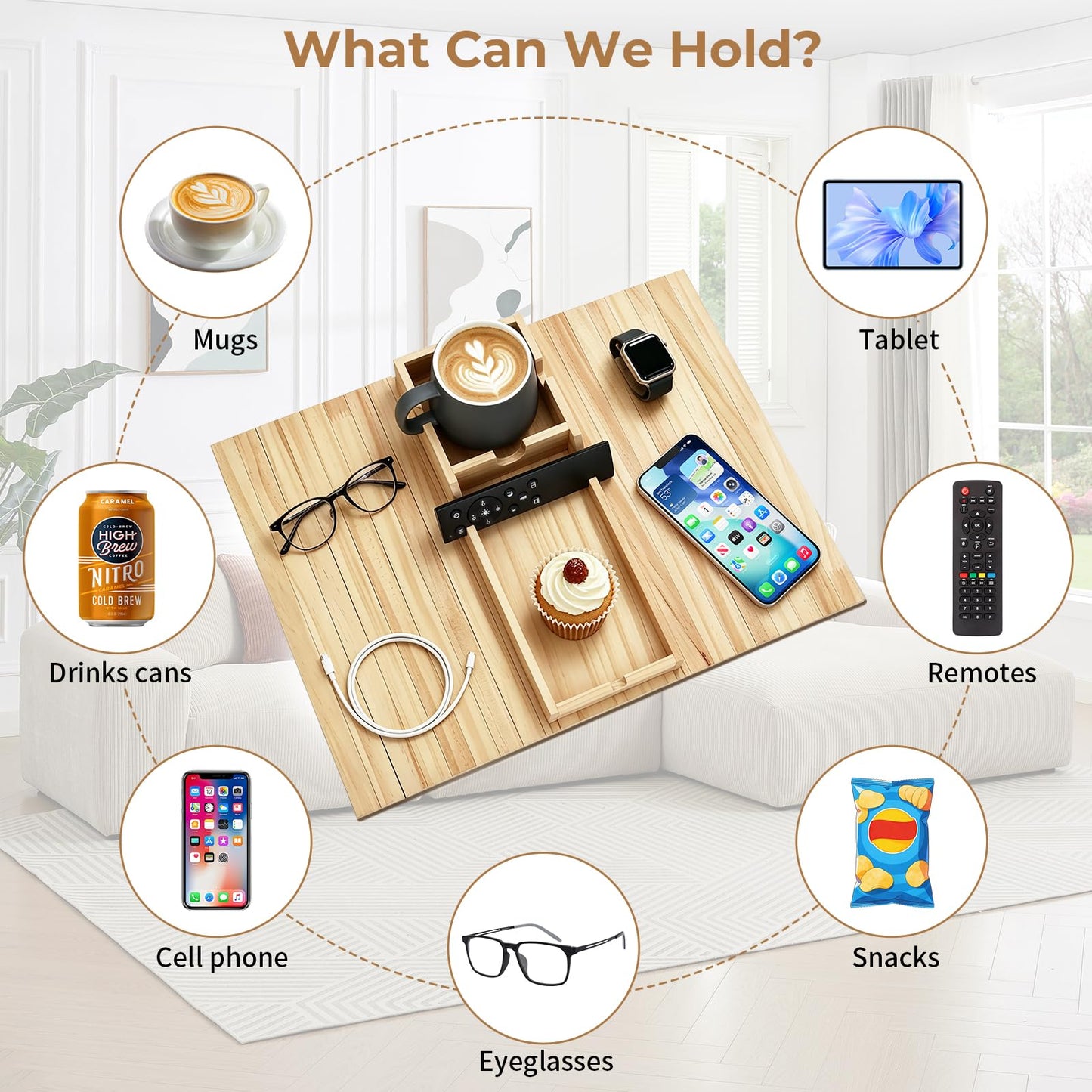 Bamboo Wood Sofa Armrest Tray, Couch Arm Tray with Detachable Couch Cup Holder, 2 in 1 Anti-Slip Foldable Sofa Armchair Caddy Table for Tea TV Remote Cellphone Snacks