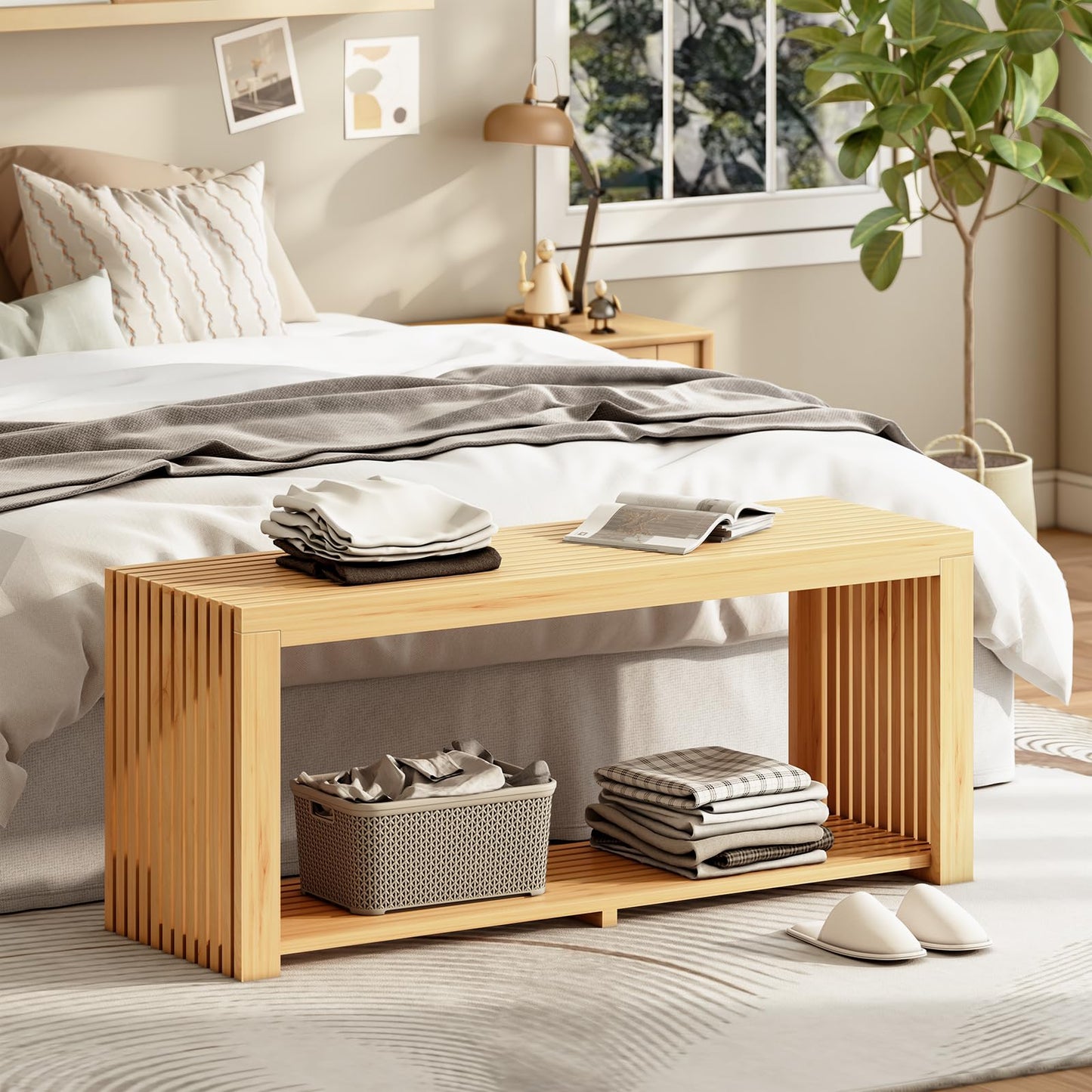 Bamboo Bench with Shelf, 35-in Entryway Bench Seat for Indoor, Natural