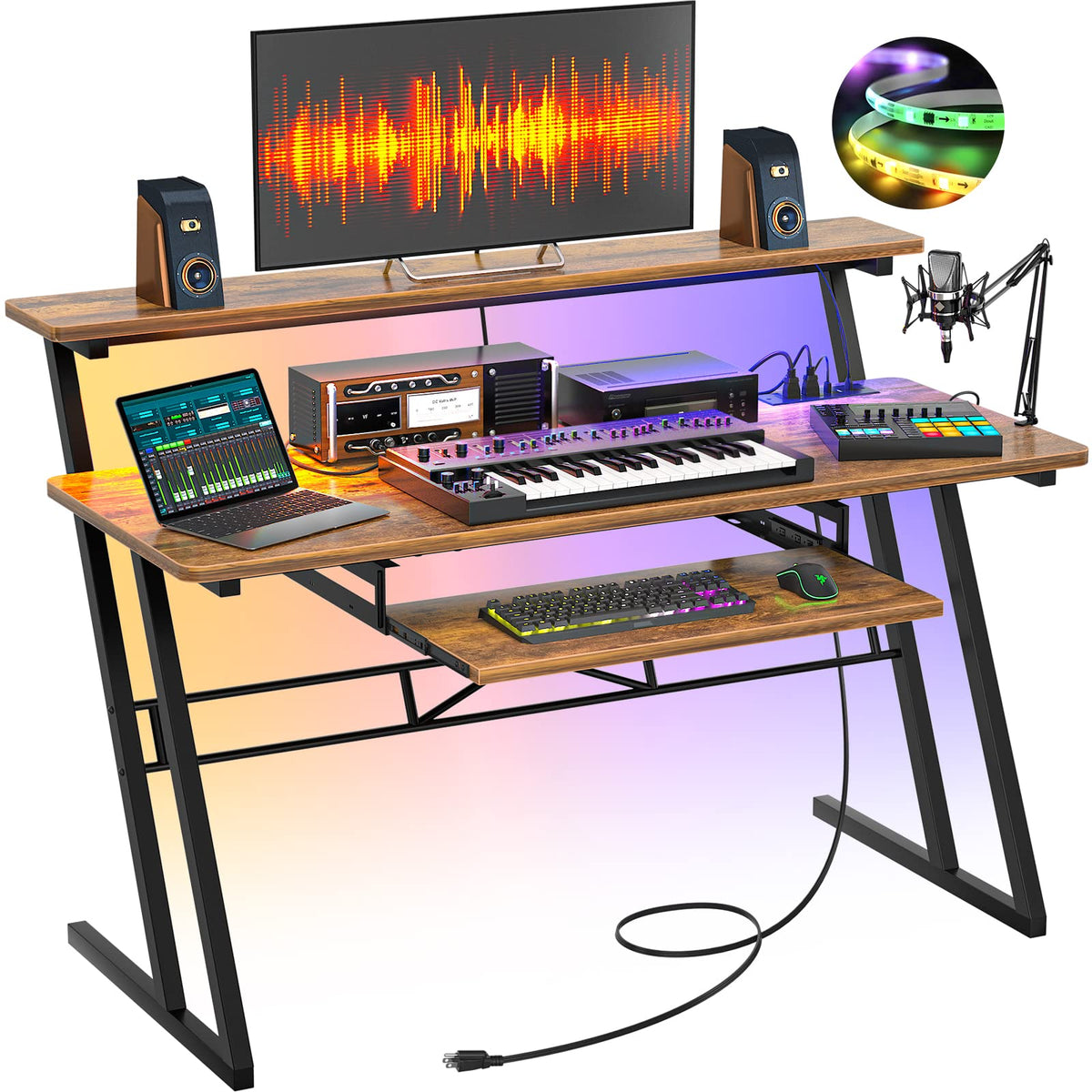 Armocity Music Studio Desk, Music Production Workstation with Power Outlets and RGB LED Lights, Recording Studio Table Desks Music Producer for Home, Rustic Brown
