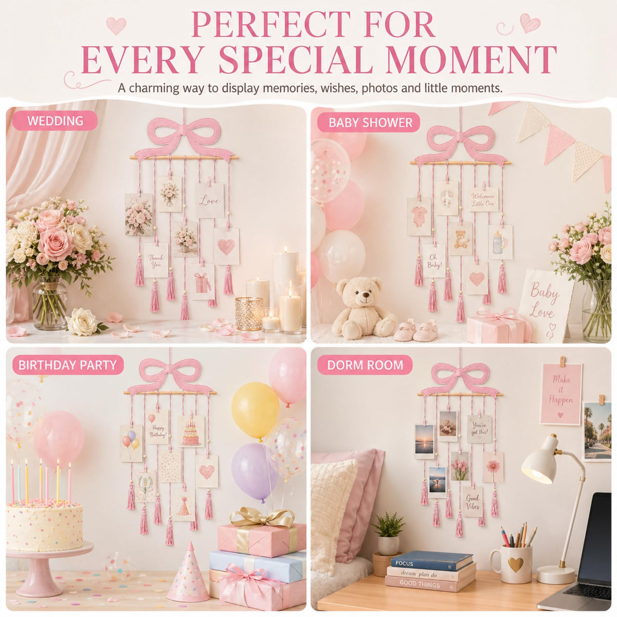Fiwochic Pink Bow Hanging Photo Display Pink Bow Wall Decor Macrame Wall Hanging Coquette Picture Holder with 30 Clips for Teenage Girl Gift Room Decor Bedroom Graduation Wedding Coquette Party