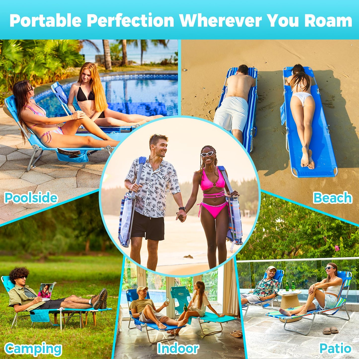 #WEJOY Folding Tanning Chair with Face Hole, 5-Position Face Down Beach Lounge Chair for Sunbathing, Lightweight Portable Outside Recliner with Side Pocket & Shoulder Straps for Pool, Patio, Blue