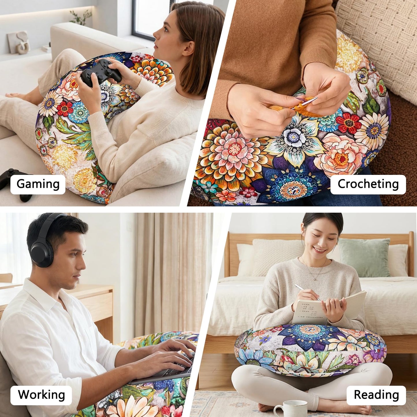 Crafting Pillow for Crocheting, Crochet Pillow for Lap Support, 12 Fun Print Styles, Ergonomic Arm Support, For Bed, Floor, Chair Comfort, Pain Relief and Fatigue for Gaming and Woking (Flower)