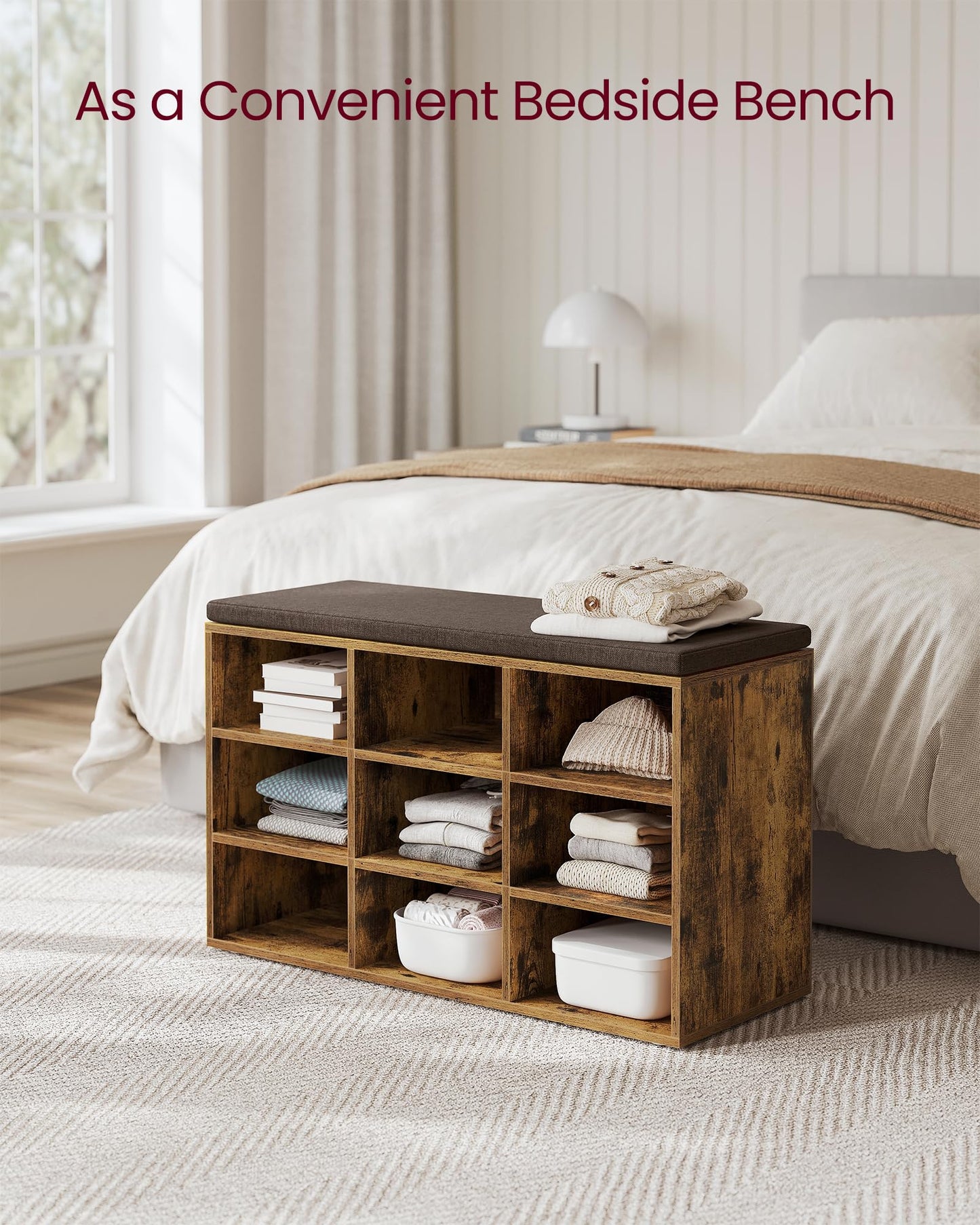 VASAGLE CUSTOS Collection - Shoe Bench, Storage Bench with Padded Seat, Entryway Bench with 9 Compartments, for Bedroom, 11.9 x 30.9 x 18.9 Inches, Rustic Brown and Chestnut Brown ULHS009B01