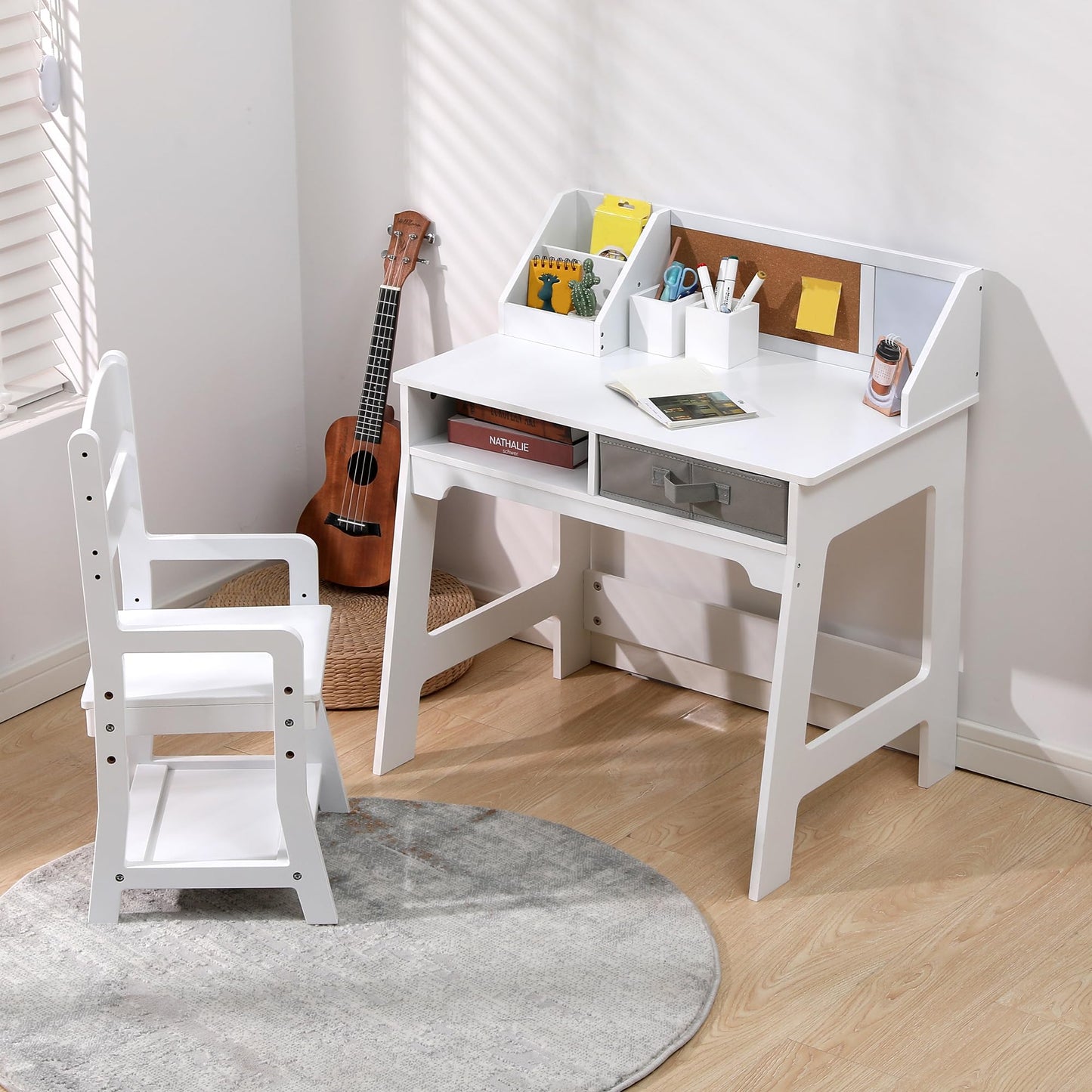 GarveeHome Kids Desk and Chair Set, Wooden Study Table with Storage Bins, Bookshelf, Bulletin Board, and Pen Holder, Writing Table for Boys and Girls, White