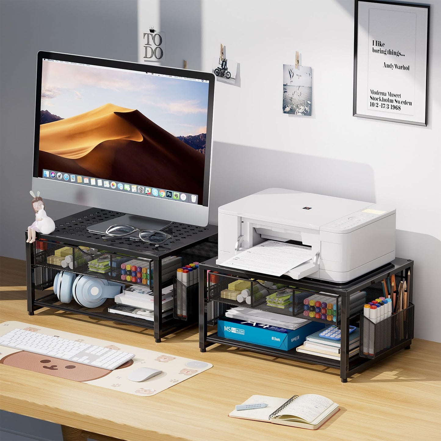 Marbrasse Metal Printer Stand for Desk with Storage Drawer and 2 Pen Holders, 2-Tier Desktop Organizer Printer Table for Home Office, Multi-Purpose Desk Organizer for Fax Machine Scanner Files(Black)