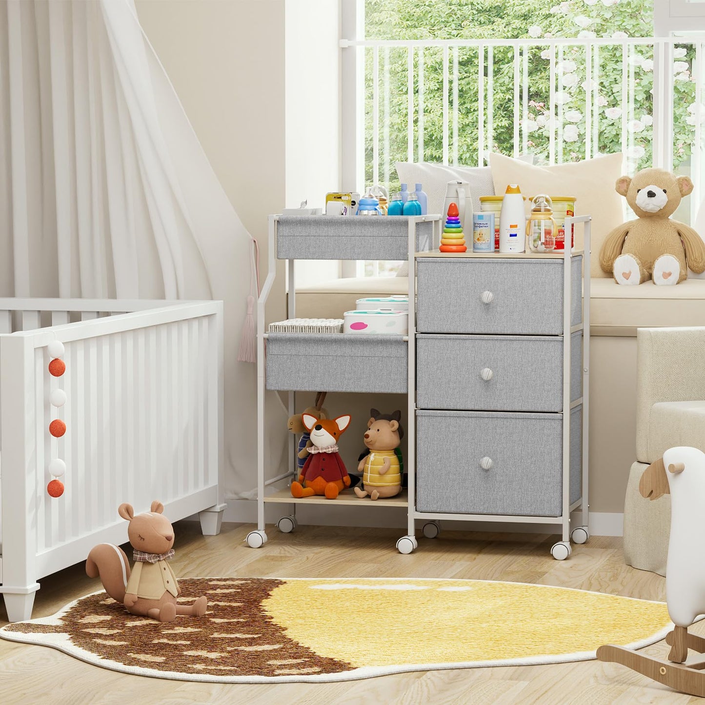 Modanais Baby Organizer and Storage - 3 Tier Rolling Cart with Dividers and Drawers, Easy To Assemble, Mobile Utility Cart with Wheels for Nursery, Bedroom, Changing Table & Crib,Light Gray