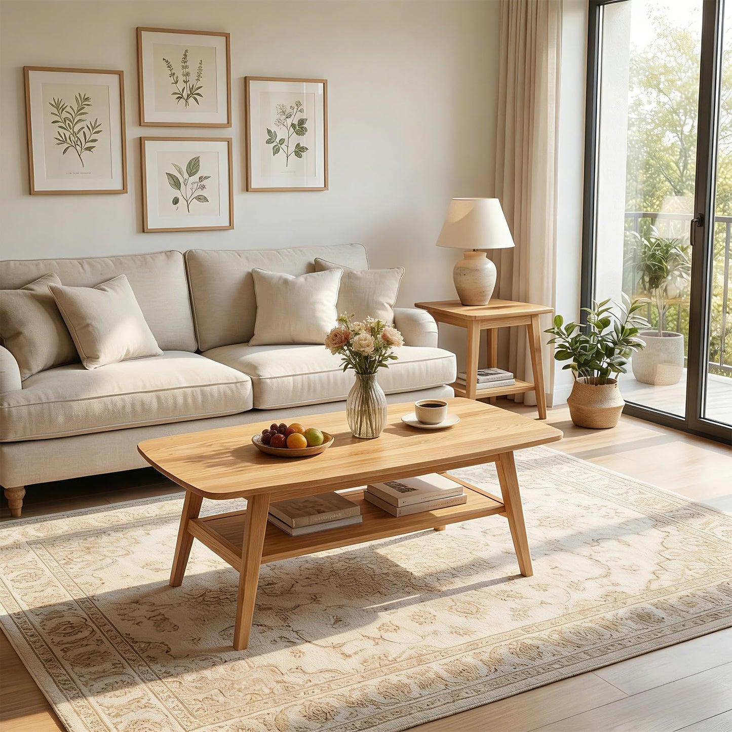 KEIKI 100% Solid Oak Wood Coffee Table, Mid Century Modern Coffee Table with Storage Shelf, 2-Tier, Smooth Corners, for Living Room, Office, Apartment, Wood