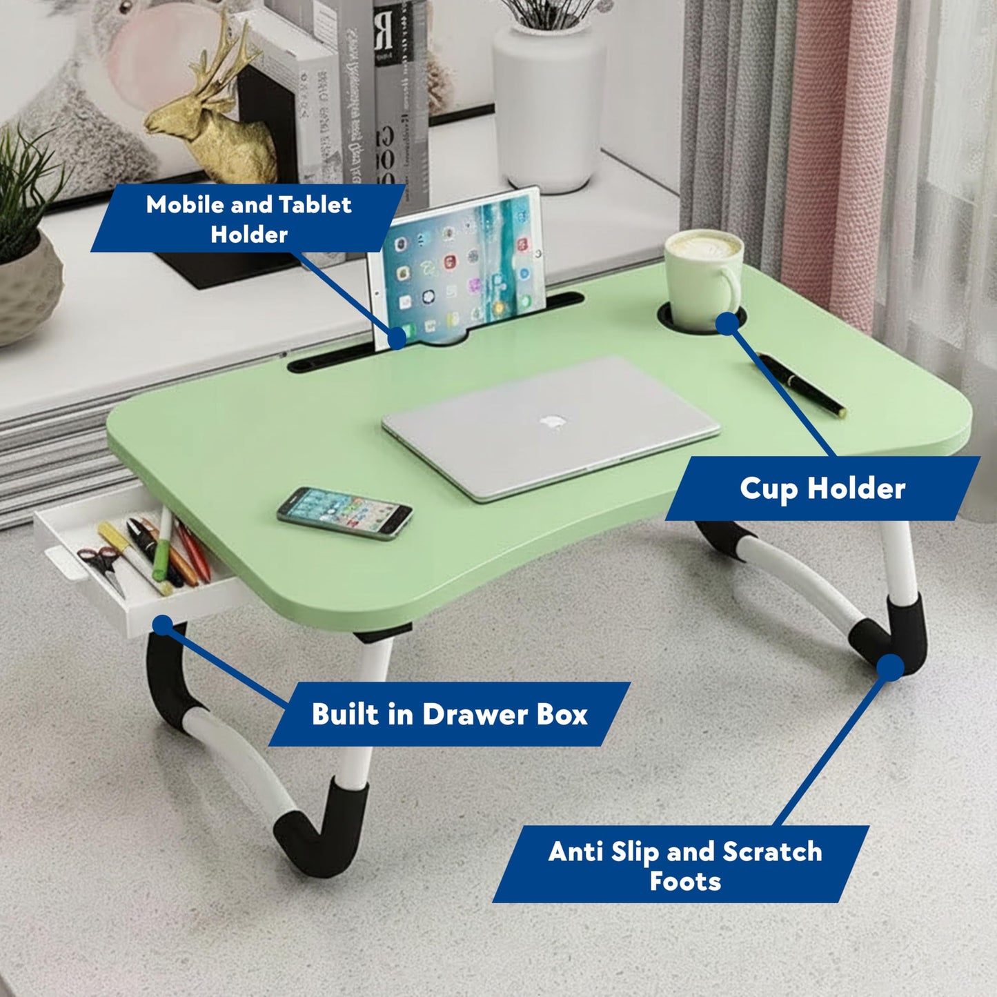 Laptop Bed Table, Laptop Desk with Foldable Legs & Cup Slot, Portable Tablet Notebook Stand Breakfast Bed Tray with Curved Design Charging Slot & Handle for Sofa, Bed, Terrace, Balcony, Pink