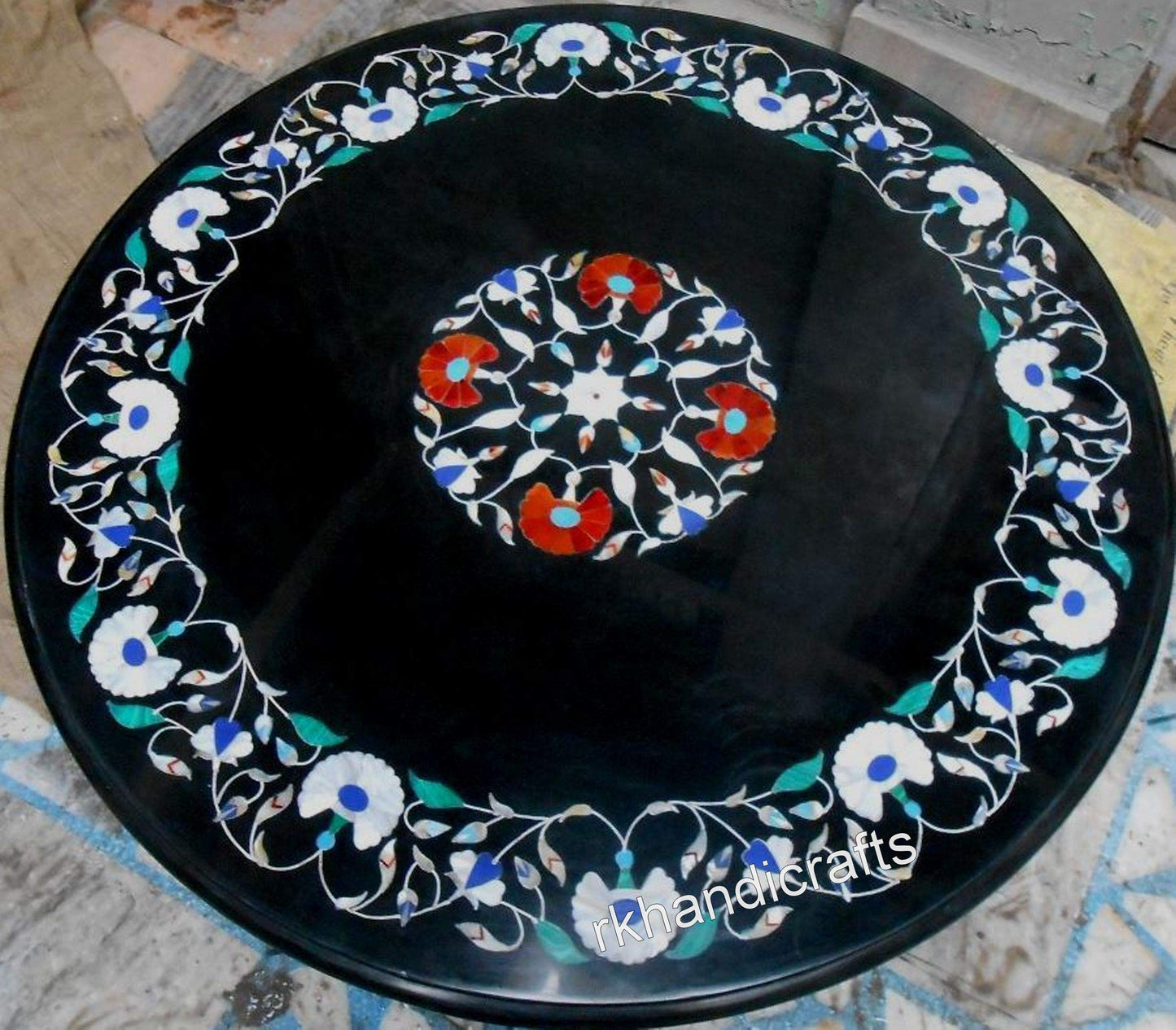 Handcrafted Marble Dining Table Top | Round Black Marble Garden Sofa Table | Stones Inlay Countertop for Office & Reception Decor | 42 x 42 Inches Kitchen Centerpiece