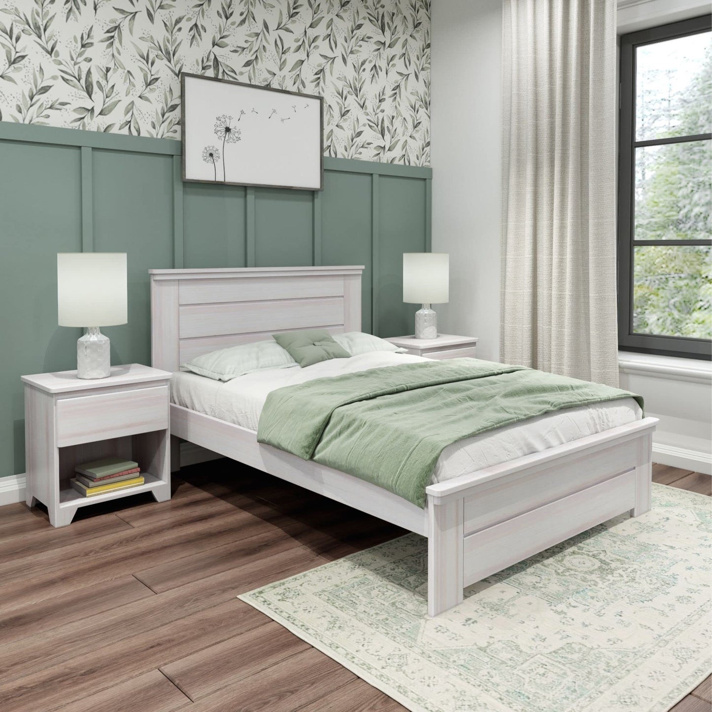 Max & Lily Modern Farmhouse Platform Bed with Panel Headboard, Full, White Wash