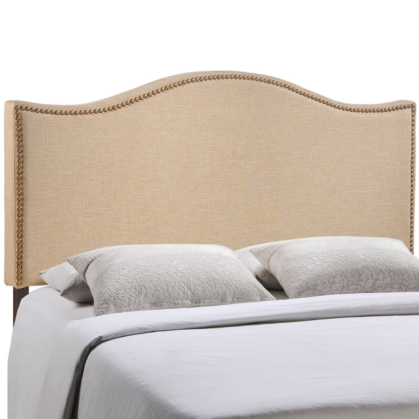 Modway Curl Linen Fabric Upholstered Queen Headboard with Nailhead Trim and Curved Shape in Café