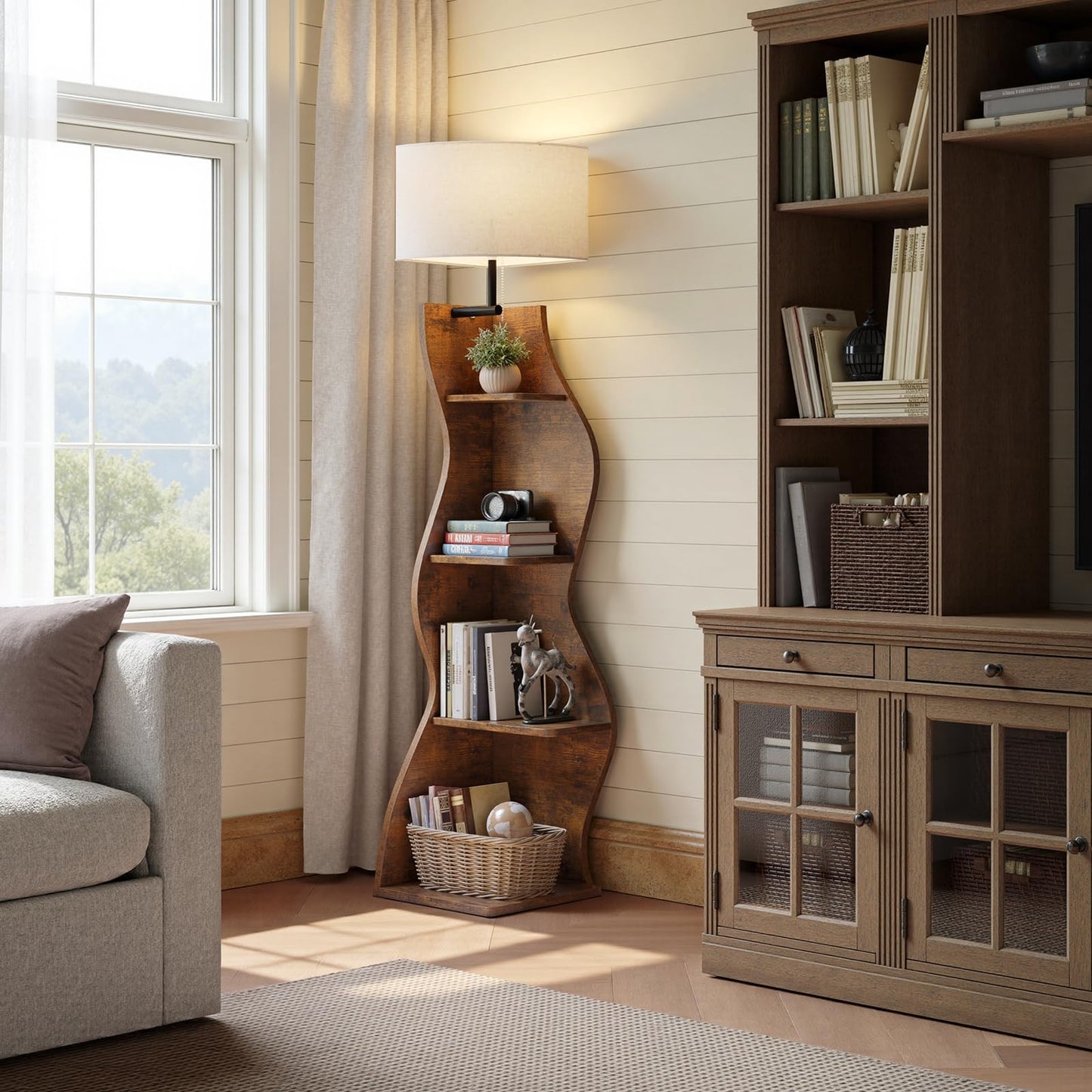 Evermagin 4 Tier Corner Shelf with Light, 64'' Tall Corner Bookshelf with Unique Shape, Stylish Wavy Bookcase Tower with Storage Organizer for Small Space, Living Room, Bedroom (Rustic Brown)
