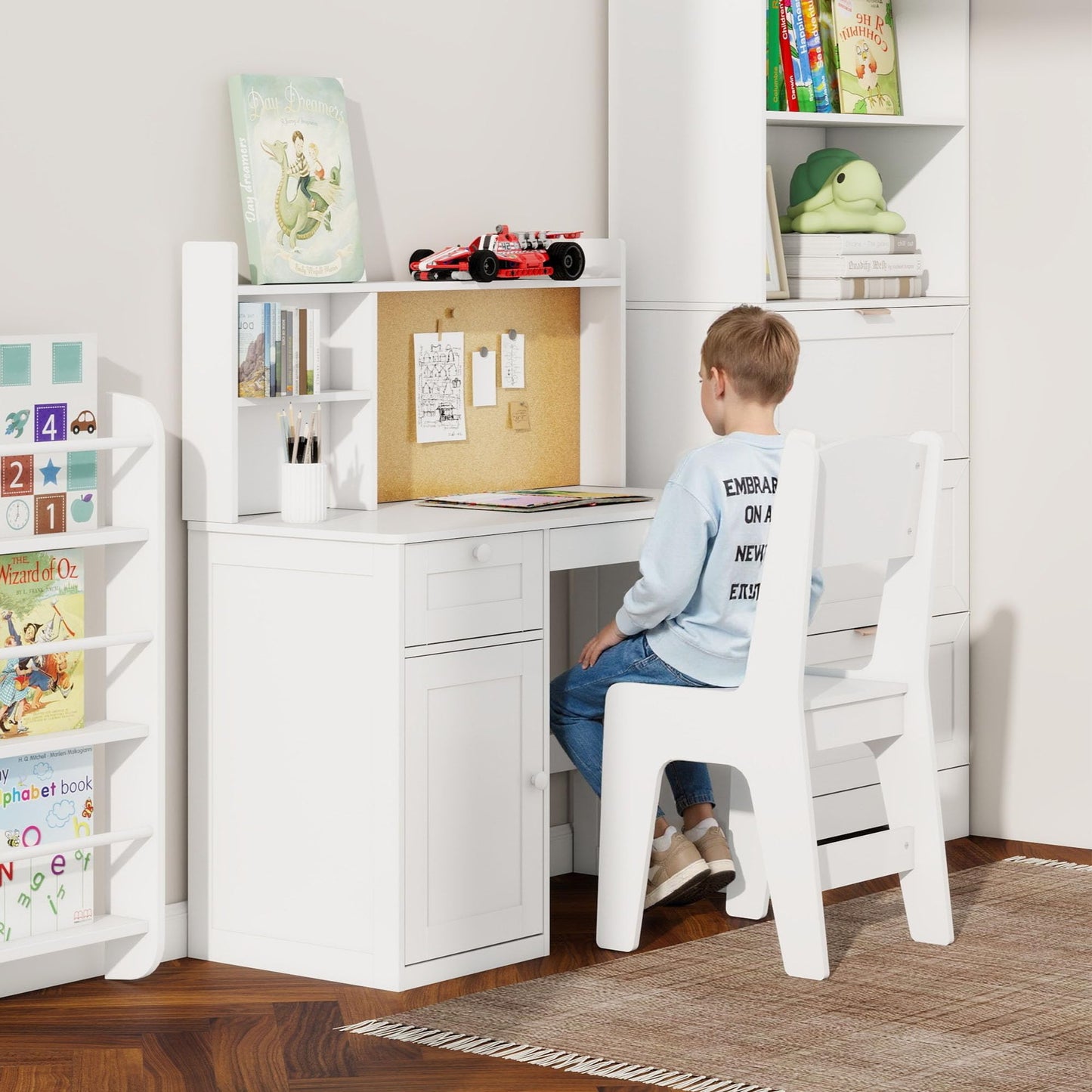 Kids Study Desk with Chair, Kids Desk Chair Set for 5-12 Years Old, Children Wooden Study Table with Hutch & Storage Cabinet, Student Writing Table Computer Workstation for Girls and Boys, White