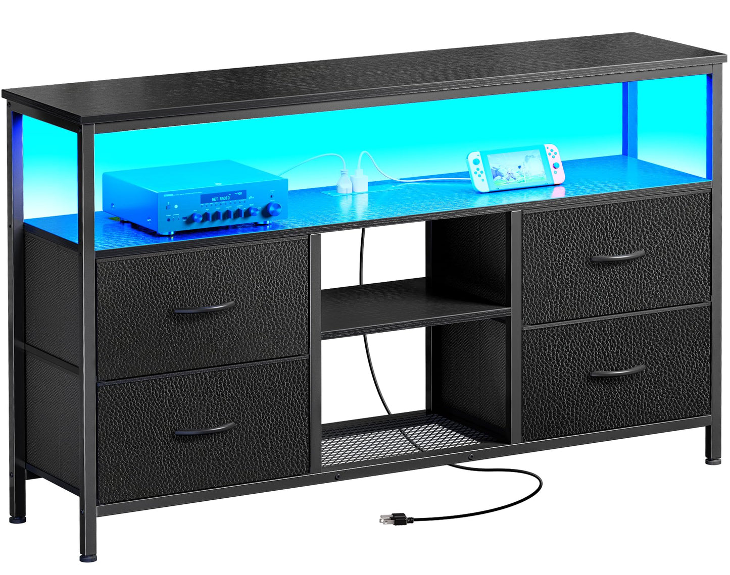 Huuger 47 Inch TV Stand Dresser with Power Outlets and LED Lights, Fabric Dresser for Bedroom with Storage, 4 Drawers Entertainment Center with Open Shelf, Media Console for 55 50 Inch TV, Black
