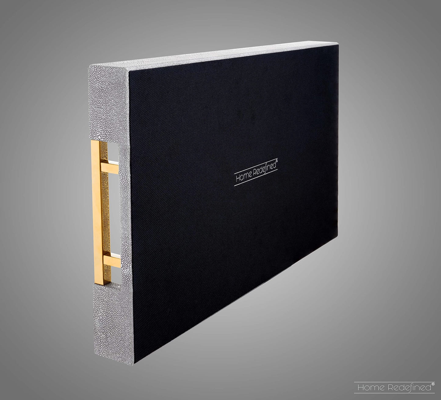 Home Redefined Modern Elegant 17.5"x12" Rectangle Glossy Grey Shagreen Faux Leather Decorative Tray Ottoman Coffee Table Perfume Kitchen Display Perfume Serving Tray with Gold Polished Metal Handles.