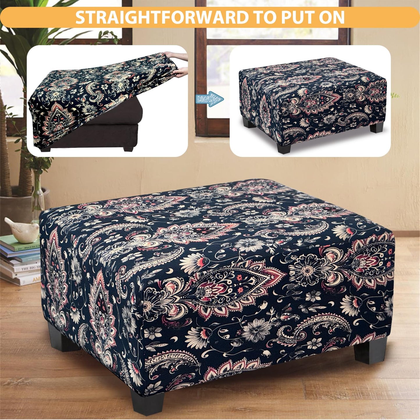 TOPHMDECOR Ottoman Cover Rectangle Printed,Stretch Footstool Slipcover with Elastic Bottom,Soft Fabric Protector for Rectangular Ottoman in Living Room or Bedroom,Medium,Flower G