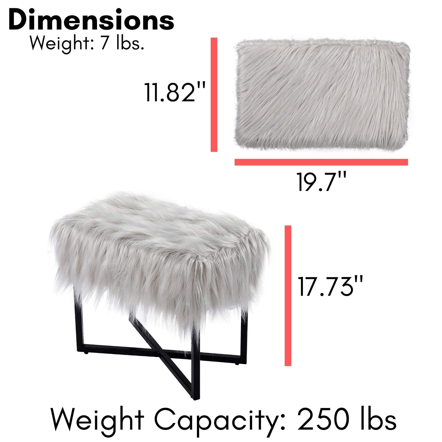 BIRDROCK HOME Rectangular Faux Fur Vanity Foot Stool Ottoman with Metal Legs - Small Soft Padded and Fluffy Makeup Seat or Foot Rest for Bedroom, Desk, or Dressing Table (Gray and Black)