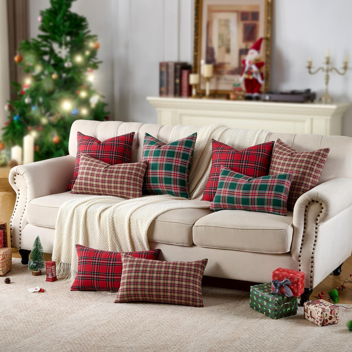 Green Tartan Plaid Christmas Decorative Throw Pillow Covers 18x18 Set of 2, Green Farmhouse Christmas Decor Buffalo Plaid Pillows for Couch & Living Room, Traditional Country Xmas Decorations
