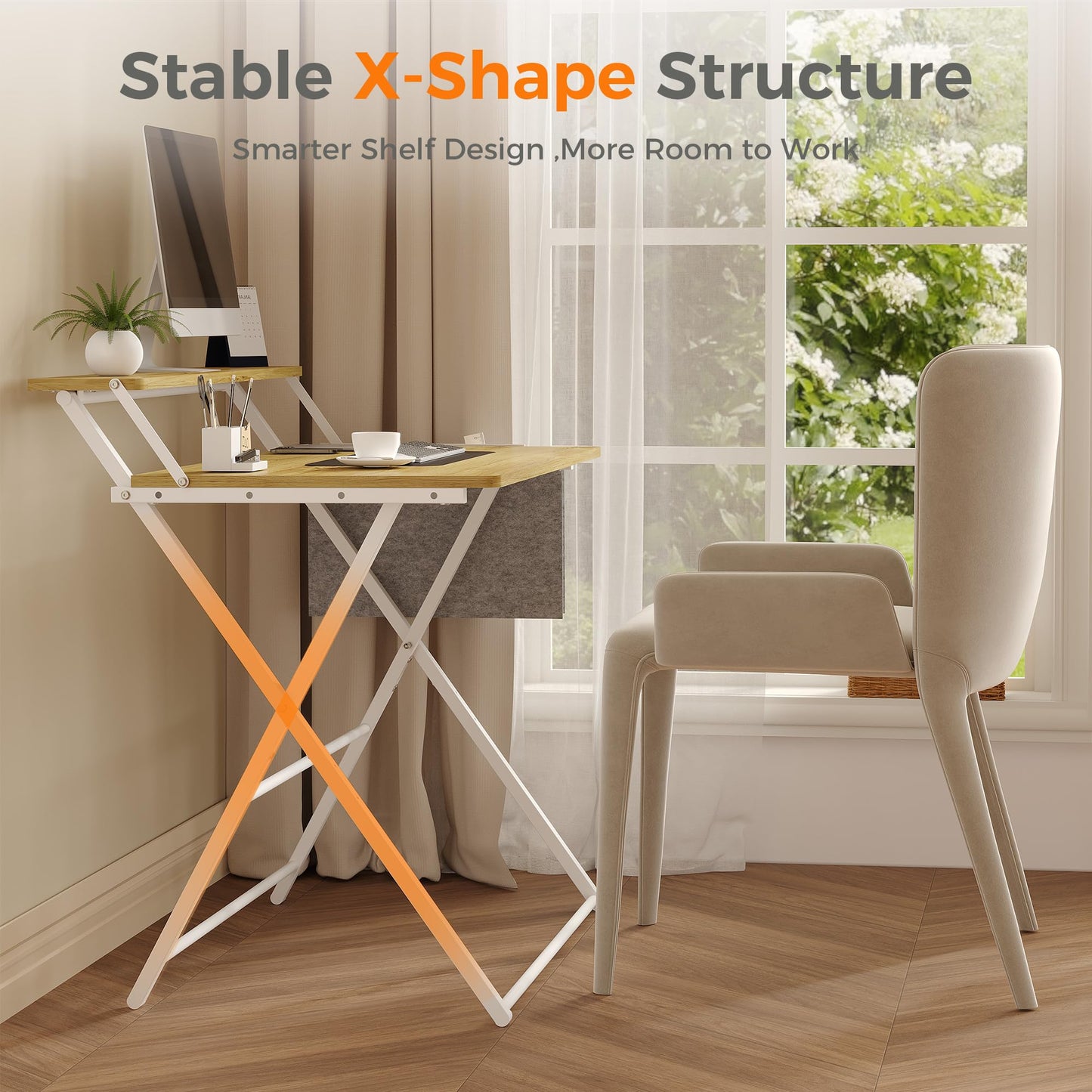 Small Desk No Assembly,31.5Inch 2-Tier Compact Computer Desk with Shelf & Side Pocket,Space Saving Foldable Table for Home Office, Bedroom or Apartment,Portable Collapsible Sturdy Laptop Desk,Oak