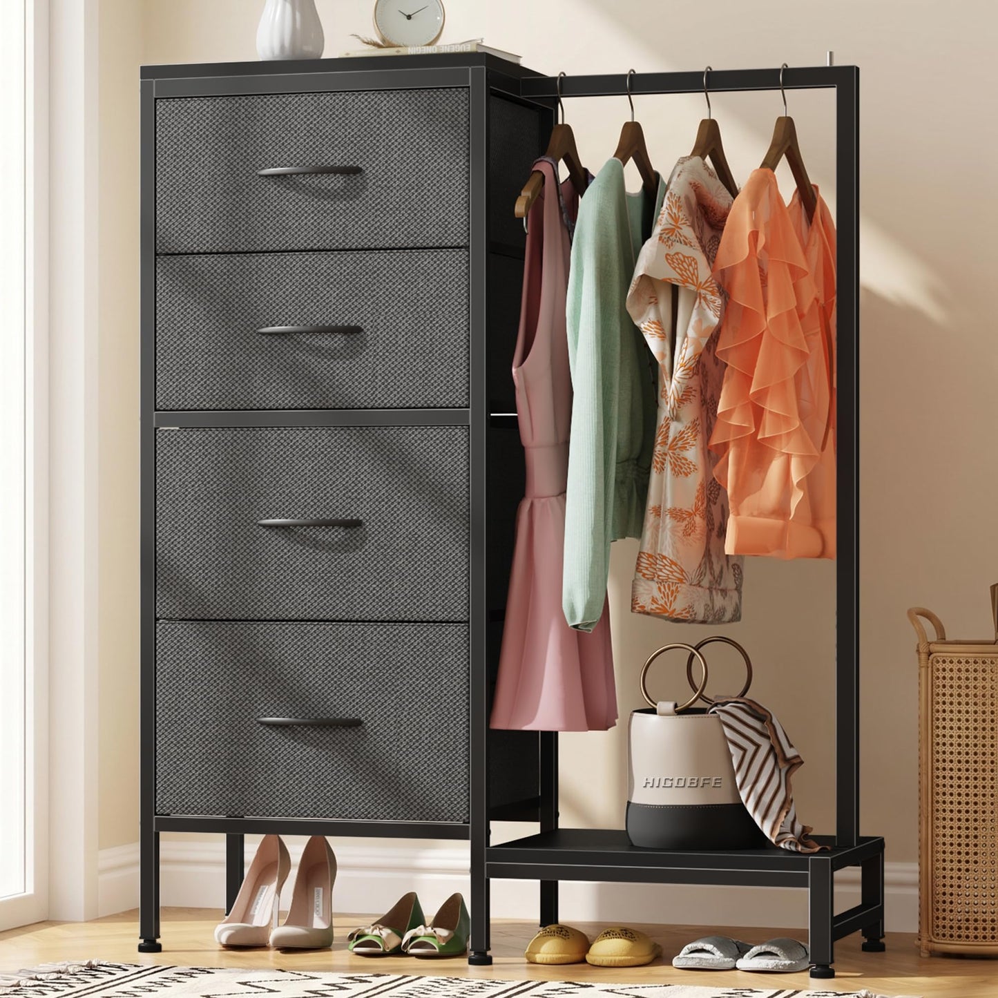 HIGDBFE Dresser with Hanging Rack, 4 Drawers Small Closet for Bedroom, Reversible Fabric Kids Chest of Drawers with Clothes Rack, Tall Storage Tower, Sturdy Frame, Grey, 44''H