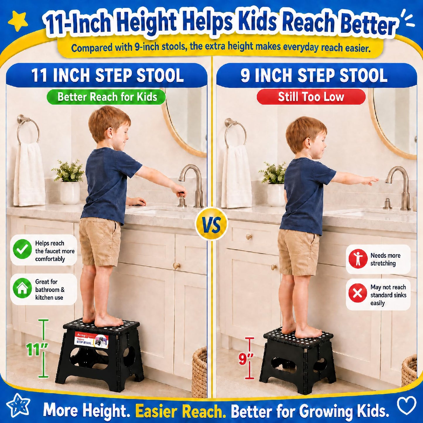 ACSTEP Folding Step Stool 11 Inch, Sturdy Plastic Foldable Step Stool for Kids & Adults, Non Slip Lightweight Collapsible Foot Stools Holds 300 lbs, Ideal for Kitchen, Bathroom, Bedroom, Outdoor