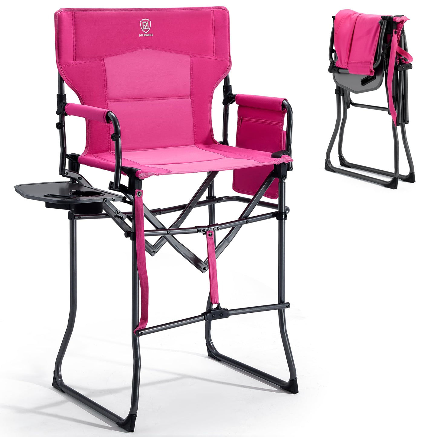 EVER ADVANCED Portable 30.7" Seat Height Tall Folding Camping Chair Directors Chair High Foldable Bar Stool with Side Table for Makeup Artist, Sports Event, Craft Show, Supports 350LBS