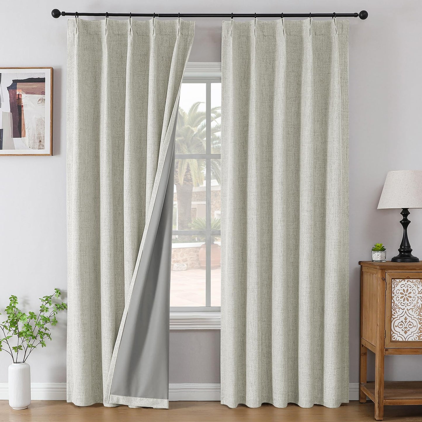 Joydeco Pinch Pleated Curtains - 100% Blackout for Bedroom, Light Beige Linen Curtains 40" W x 90" L, Thermal Insulated 2 Panels Light Blocking Drapes, Back Tabs for Living Room