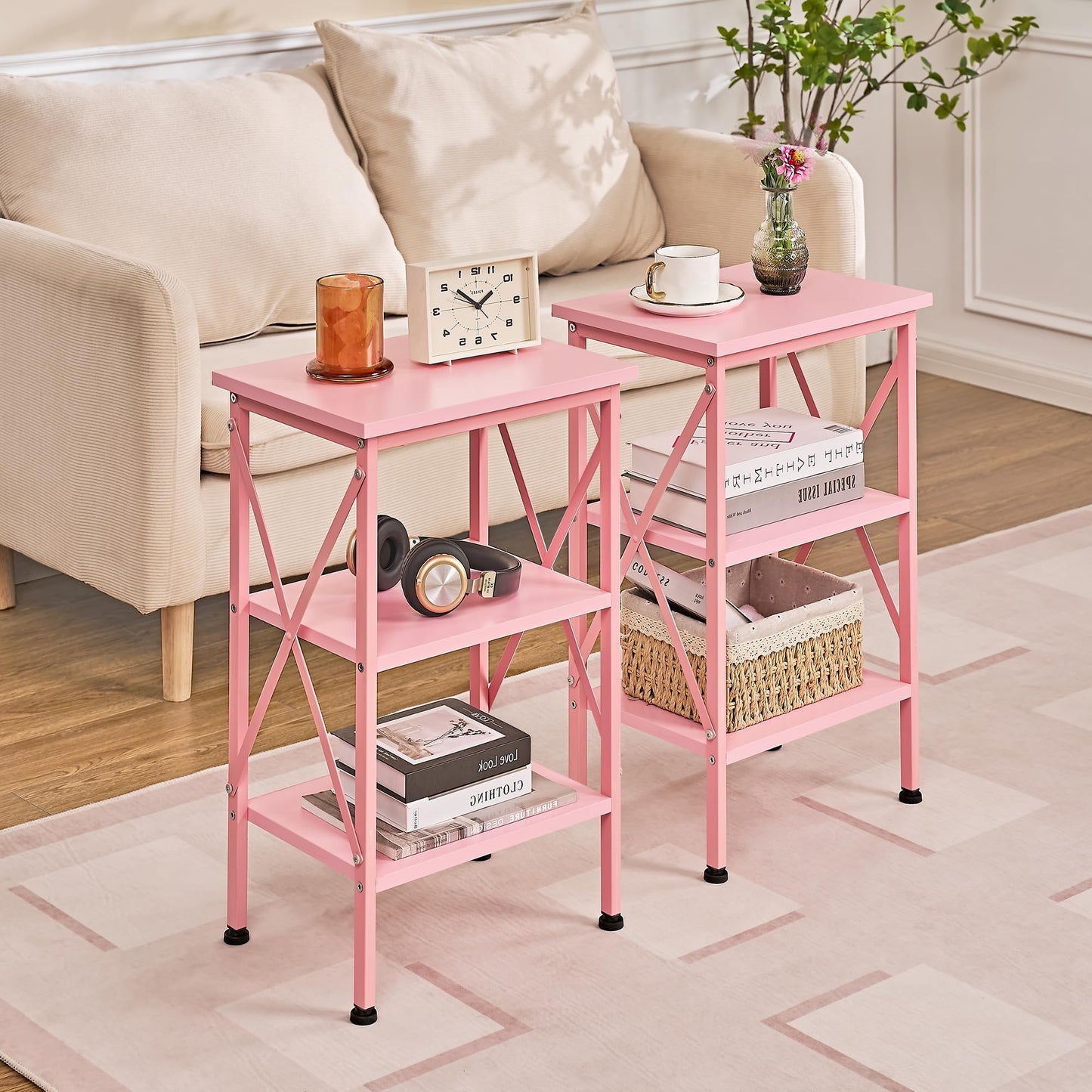 VECELO End Table Set of 2, Bedside Table, 24" Tall Living Room End Tables, X-Design Reinforced Nightstands, Side Table with 3-Tier Storage Shelves for Small Spaces, Office, Bedroom, Pink