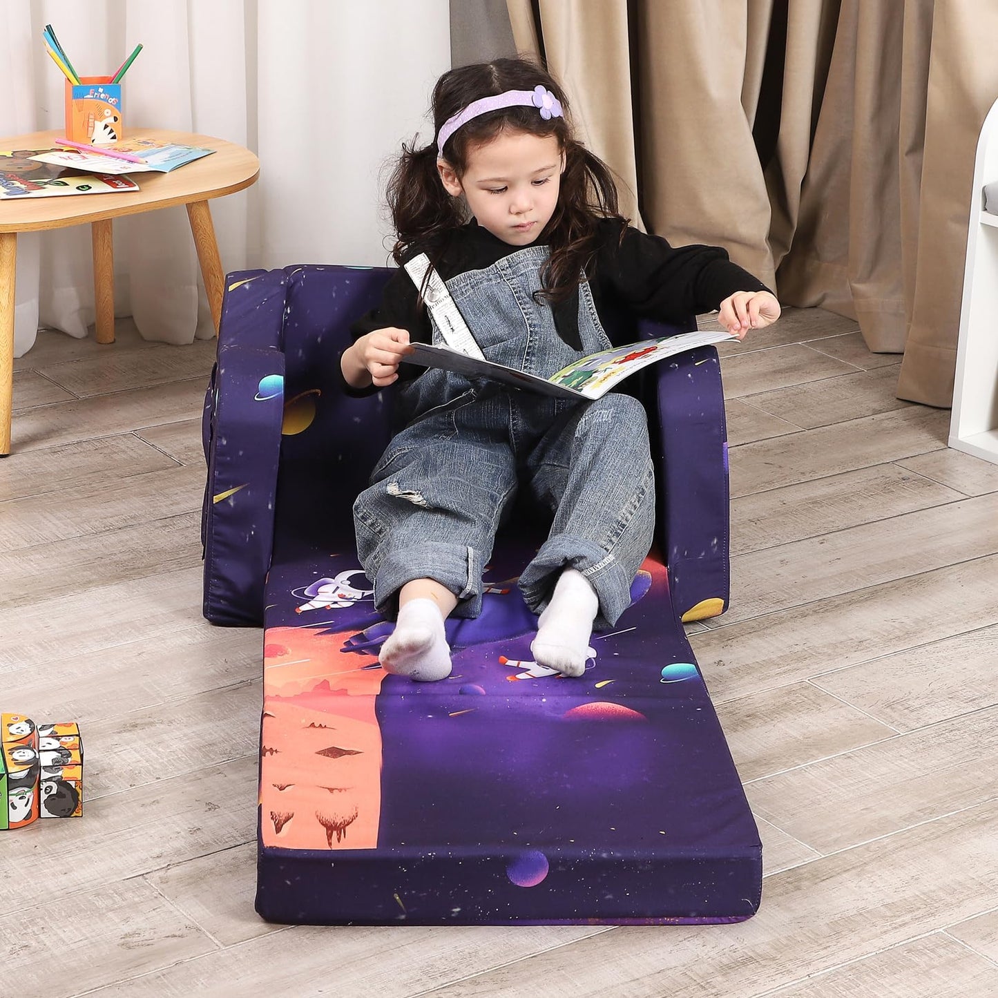 MOMCAYWEX Kids Sofa, 2-in-1 Flip-Out Foam Couch, Foldable Soft Play Lounge Chair, Dark Purple