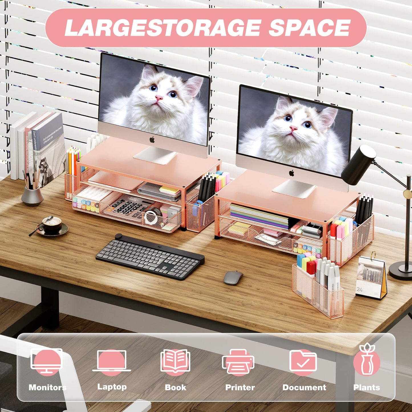 OPNICE Desk Organizers and Accessories, 2-Tier Computer Monitor Stand with Drawer and 2 Pen Holders, Laptop Stand, Office Desk Accessories for Office Supplies, Rose Gold