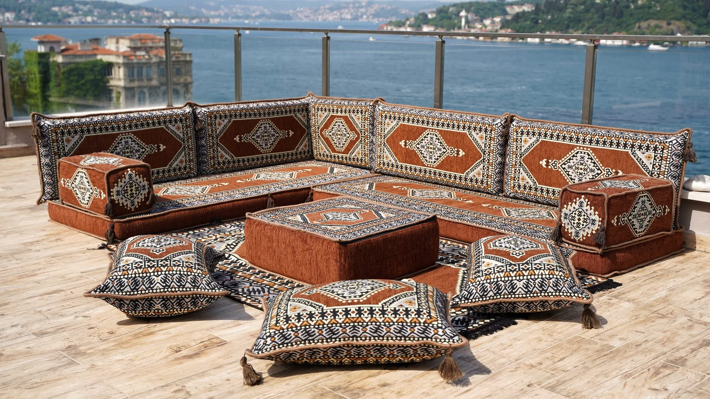 L Shaped Arabic Floor Cushions, Sectional Sofas, Arabic Majlis Set, Custom Made Sofa, Arabic Sofa Set, Seating Cushions (4'' Thickness Sofa, L Sofa Full Set, Brown)