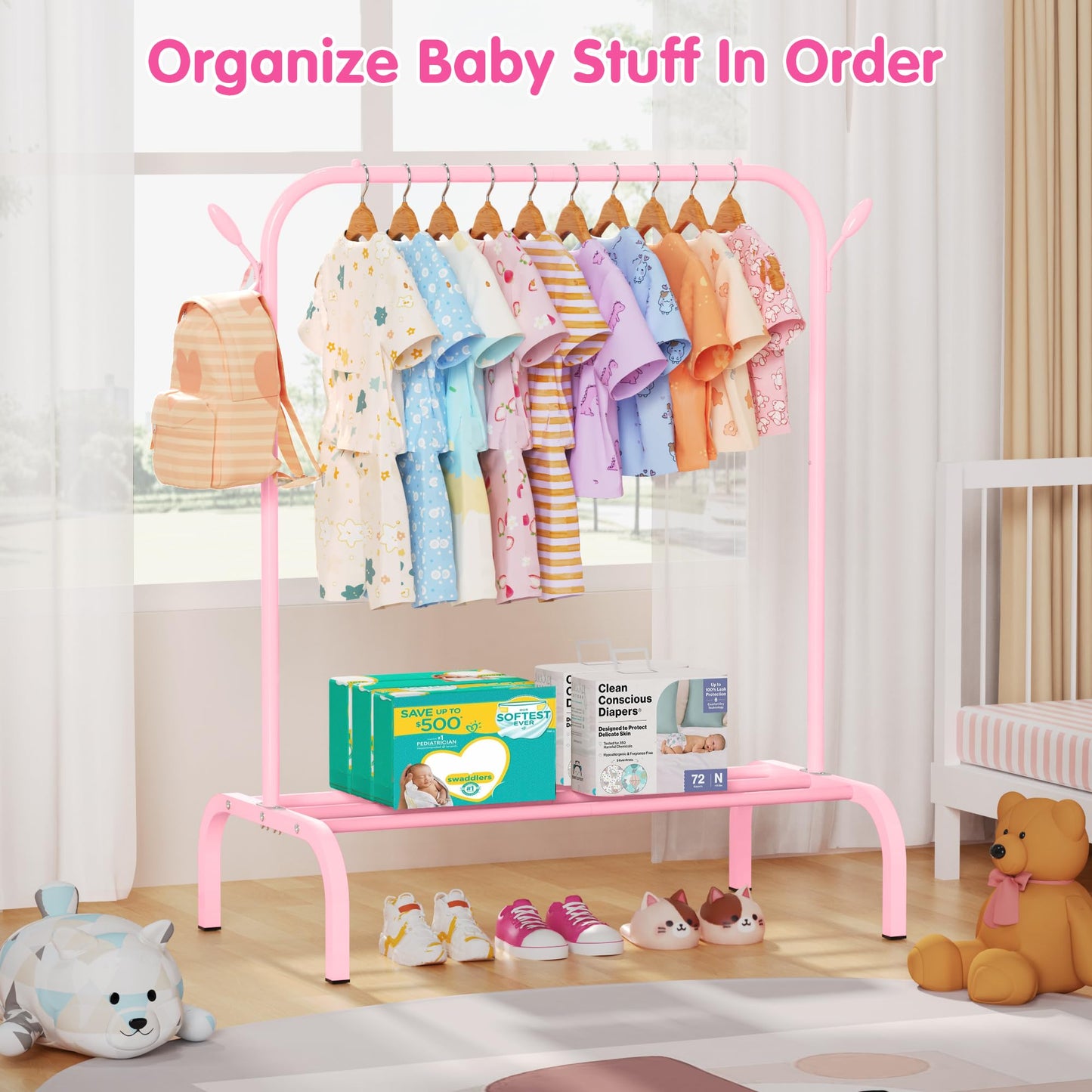 FLOUREE Kids Clothes Rack for Ages 3-6, Montessori Kids Clothing Rack with Bottom Shelf & Side Hooks, Toddler Wardrobe Rack for Bedroom, Playroom, Nursery and Small Room Storage, Pink