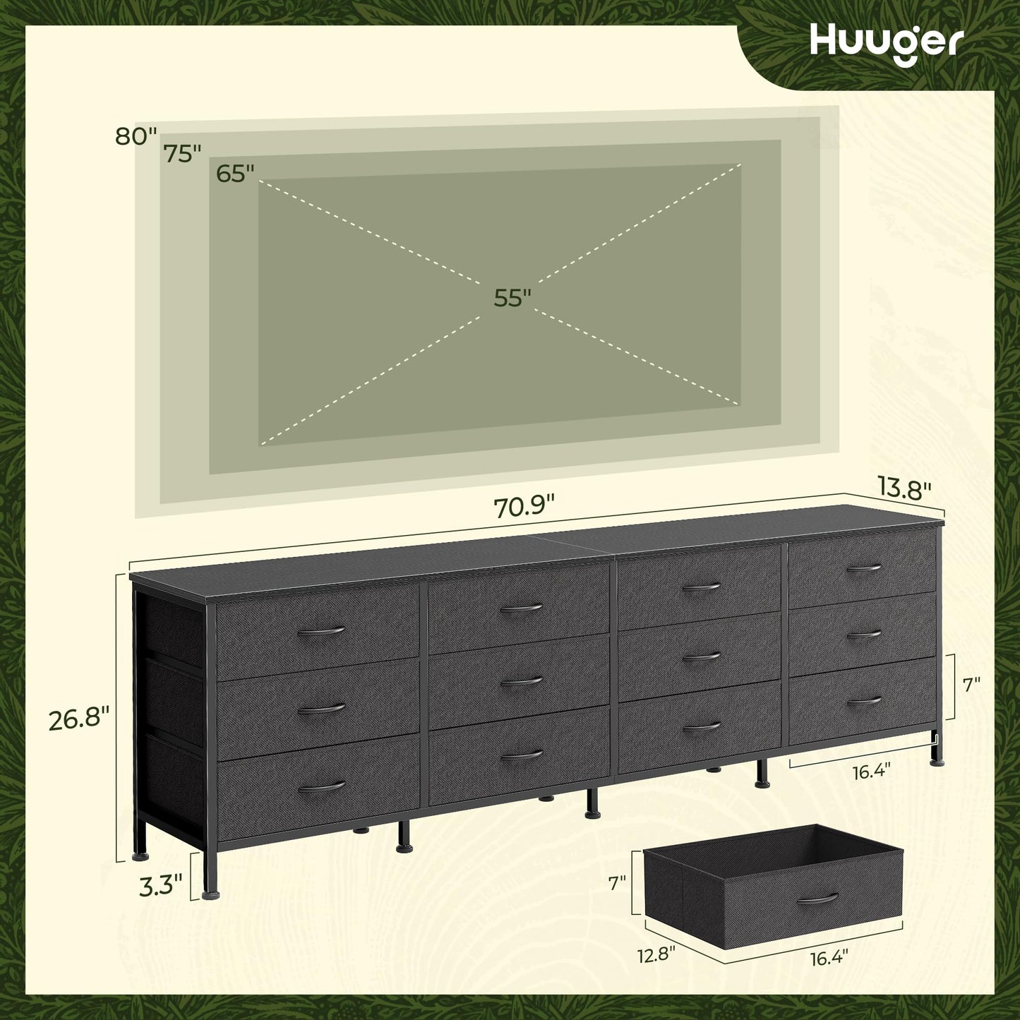 Huuger 70 Inch Black Dresser for Bedroom, TV Stand for 65, 75, 80 Inch TV, 12 Fabric Drawer Long Dresser, Wide Chest of Drawer, Storage Units for Living Room
