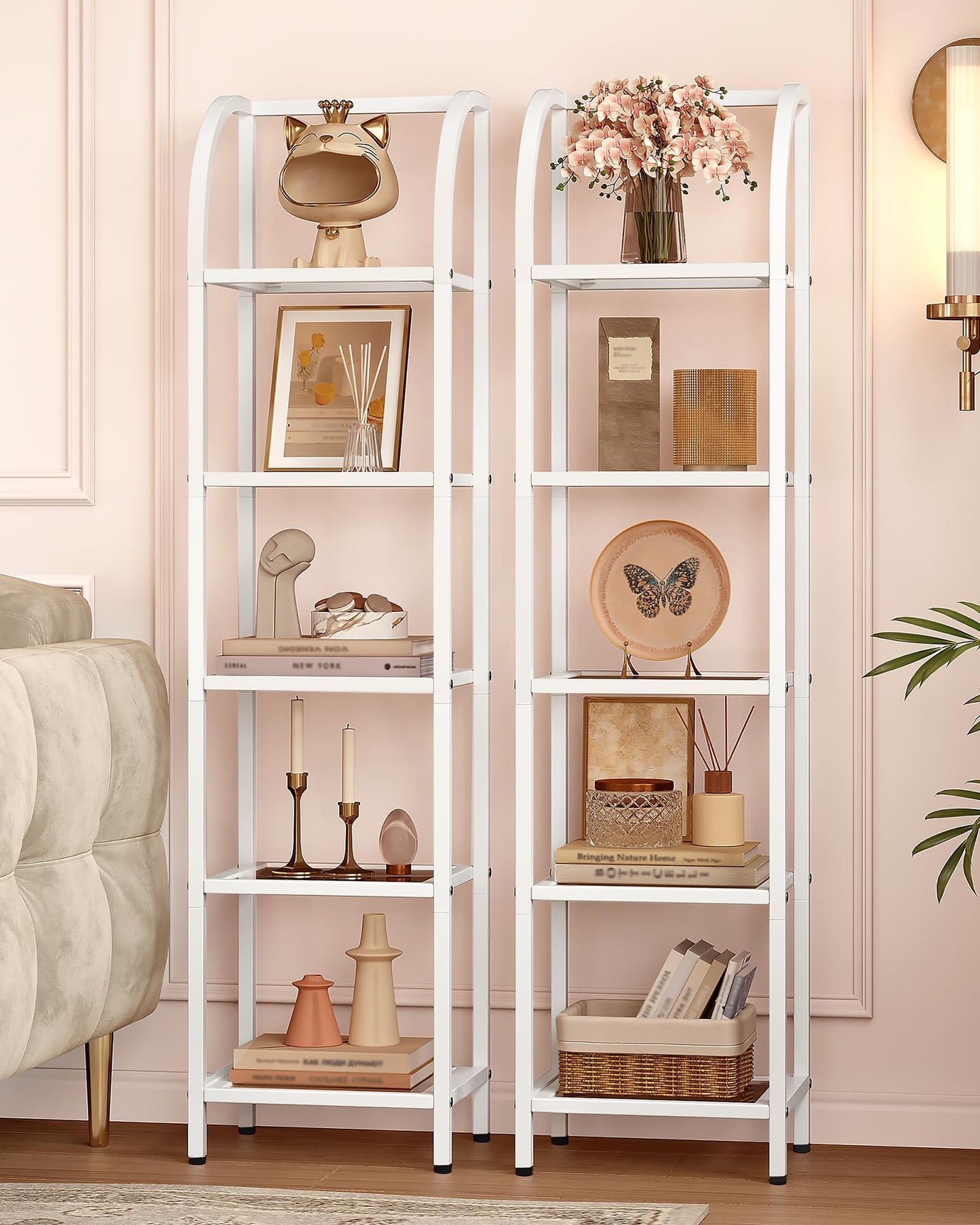 Hzuaneri Bookcase Bookshelf, Tempered Glass Arched Bookshelf for More Storage, Slim Shelving Unit for Bedroom, Bathroom, Home Office, Steel Frame, 5 Tier White BC20599W