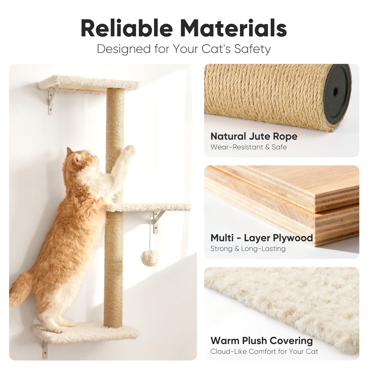 FUKUMARU Cat Wall Shelves, Stable & Safe 4 in 1 Cat Walls Furniture Set, Wooden Kitten Climbing Wall with Scratching Post for 16 Inch Drywall - Beige