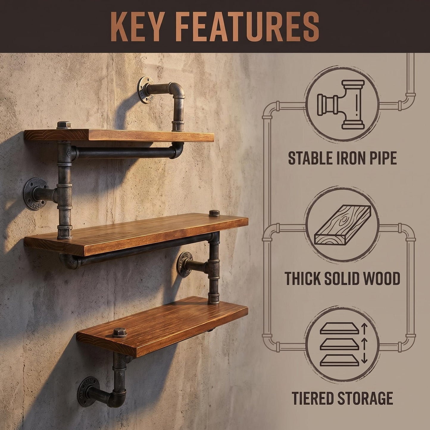 Diwhy Industrial Pipe 3 Tier Wall Mounted Floating Shelf, Rustic Wrought Iron Solid Wood Storage Display Shelf for Home Living Room Bedroom Decor