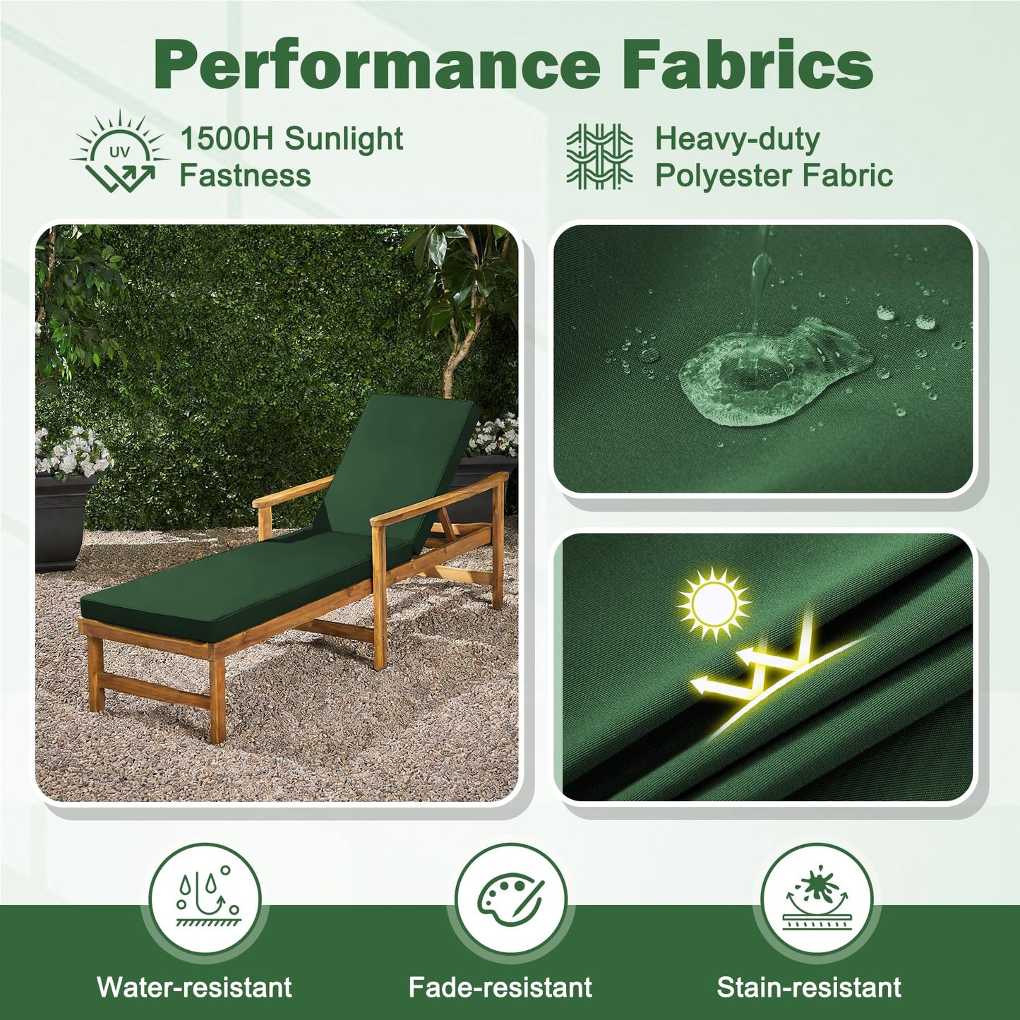 Aegisun Chaise Lounge Cushions Outdoor, 72x 21x 3 Inch Waterproof & Fade-Resistant Lounge Chair Cushion, Outdoor Chaise Cushion with Removable Cover & Ties for Lawn, Patio, Pool & Beach, Forest Green