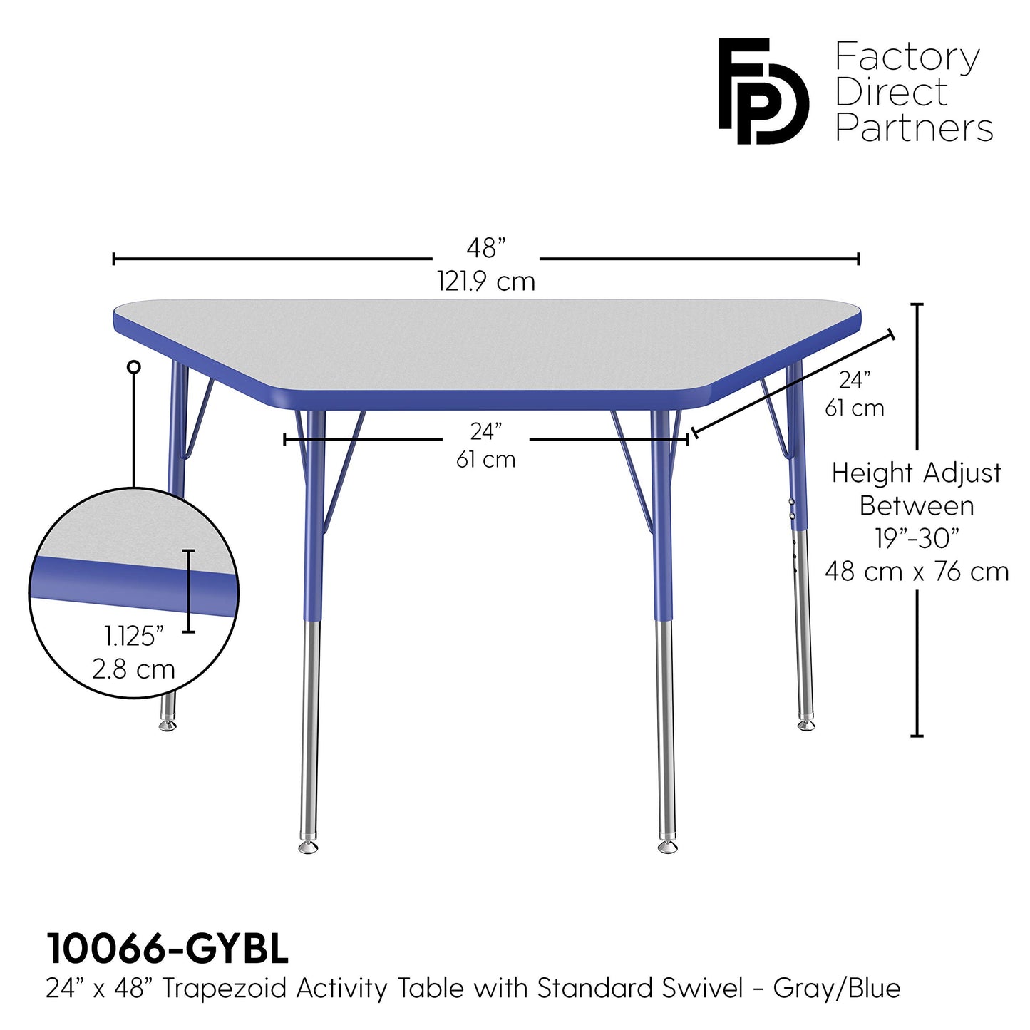 FDP Trapezoid Activity School and Office Table (24 x 48 inch), Standard Legs with Swivel Glides for Collaborative Seating Environments, Adjustable Height 19-30 inches - Gray Top and Blue Edge