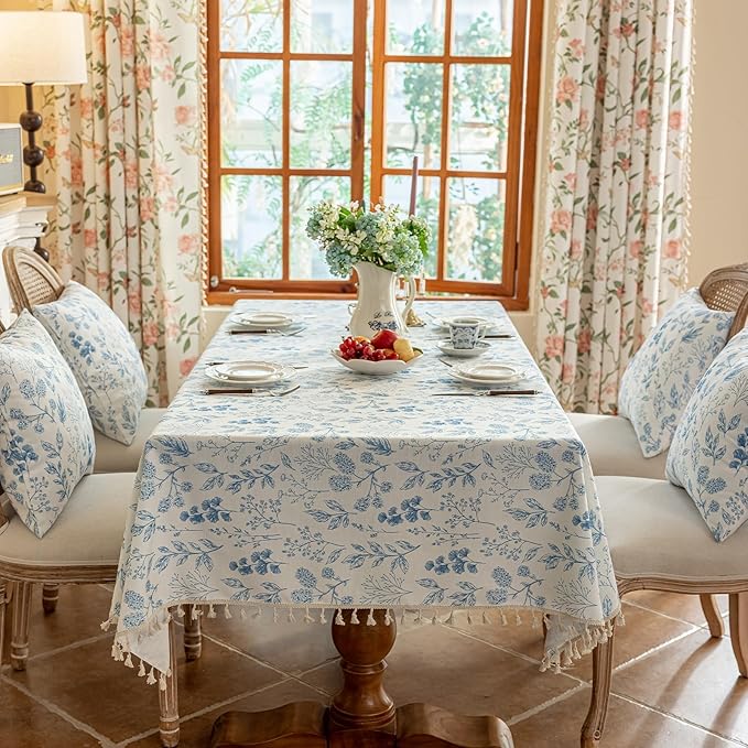 VClife Table Cloth Blue and White Table Cloth Rectangle Tablecloth Rustic